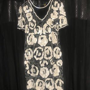 Vintage black and white flower print sequin dress